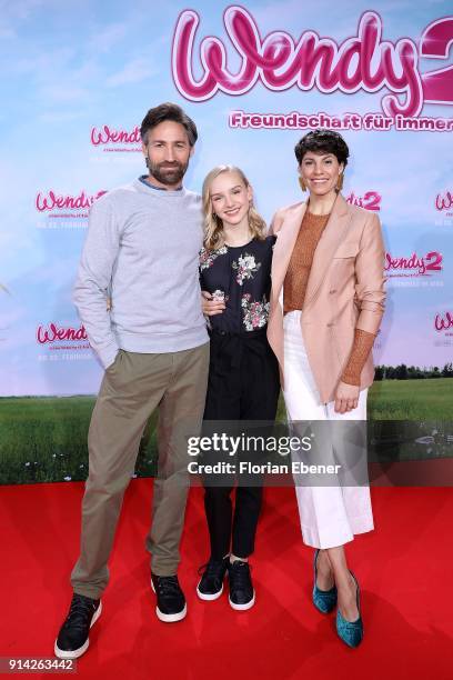 Benjamin Sadler, Jule Hermann and Jasmin Gerat attend the premiere of 'Wendy 2 - Der Film' at Cinedom on February 4, 2018 in Cologne, Germany.