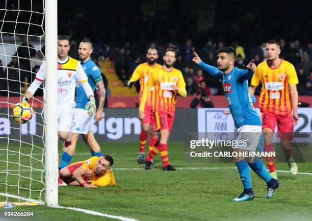 Napoli's Italian striker Lorenzo Insigne celebrates scoring a goal during the Italian Serie A football match SSC Napoli versus Benevento Calcio on...
