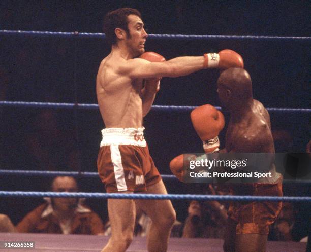 Alan Minter of Great Britain in action against Marvin Hagler of the USA during their WBA and WBC World middleweight titles fight at Wembley Arena in...