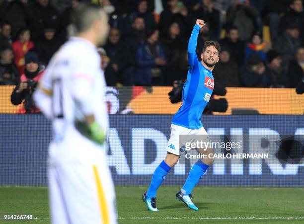 Napoli's Belgian striker Dries Mertens celebrates after scoring a goal during the Italian Serie A football match SSC Napoli versus Benevento Calcio...