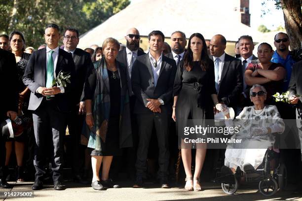 New Zealand Prime Minister Jacinda Ardern holds hands with Titewhai Harawira alongside her partner Clarke Gayford and Green Party Leader James Shaw...