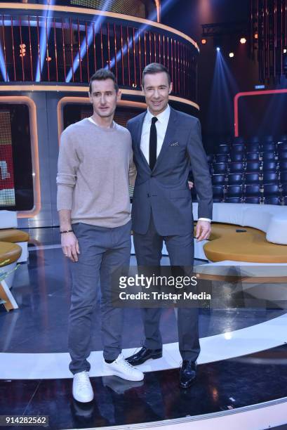 Miroslav Klose and Kai Pflaume during the TV Show 'Klein gegen Gross' on February 4, 2018 in Berlin, Germany.