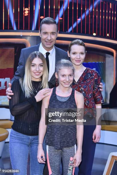 Kai Pflaume and Bianca Heinicke alias Bibi with candidate kids during the TV Show 'Klein gegen Gross' on February 4, 2018 in Berlin, Germany.