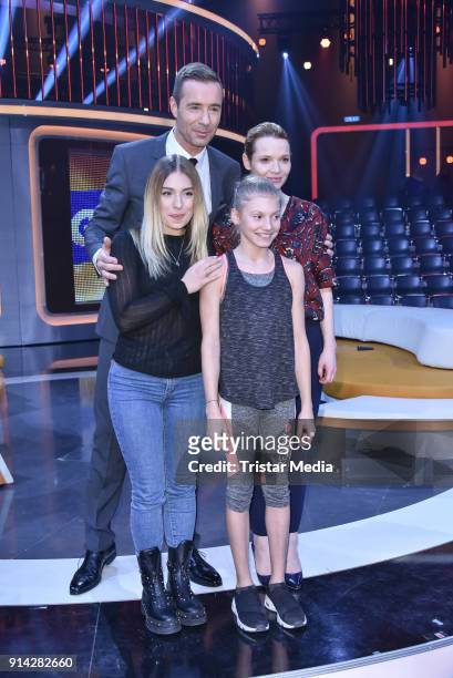 Kai Pflaume and Bianca Heinicke alias Bibi with candidate kids during the TV Show 'Klein gegen Gross' on February 4, 2018 in Berlin, Germany.