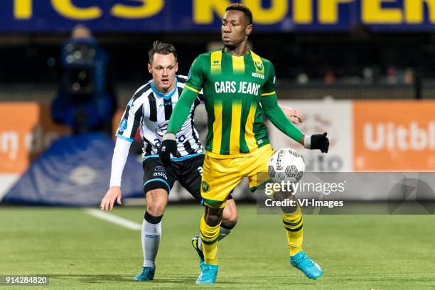 Jeff Hardeveld of Heracles Almelo, Sheraldo Becker of ADO Den Haag during the Dutch Eredivisie match between Heracles Almelo and ADO Den Haag at...