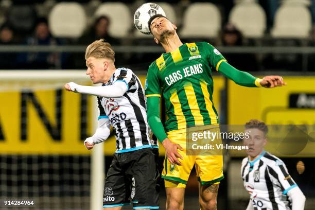 Sebastian Jakubiak of Heracles Almelo, Bjorn Johnsen of ADO Den Haag during the Dutch Eredivisie match between Heracles Almelo and ADO Den Haag at...