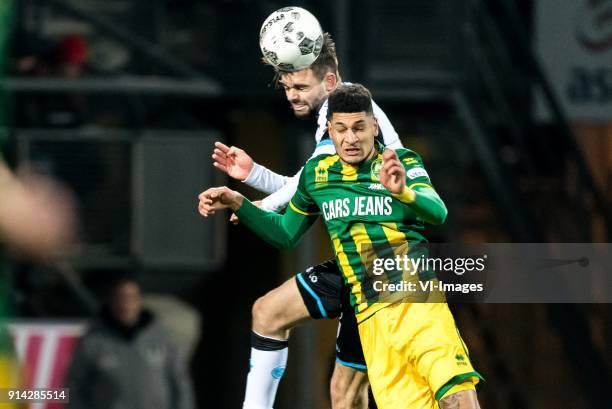 Robin Propper of Heracles Almelo, Bjorn Johnsen of ADO Den Haag during the Dutch Eredivisie match between Heracles Almelo and ADO Den Haag at Polman...