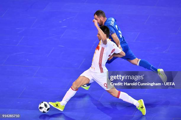 Sergio Lozano of Spain and Bolinha of Azerbaijan in action during the UEFA Futsal EURO 2018 group D match between Azerbaijan v Spain at Stozice Arena...