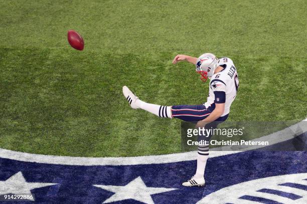 Ryan Allen of the New England Patriots warms up prior to Super Bowl LII against the Philadelphia Eagles at U.S. Bank Stadium on February 4, 2018 in...