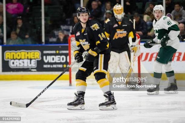 Brandon Wheat Kings forward Ty Lewis follows the puck on a penalty kill during the third period in a game between the Everett Silvertips and the...