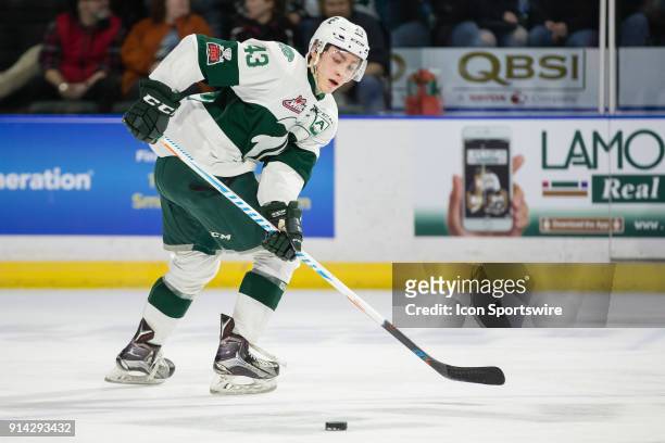 Everett Silvertips forward Connor Dewar receives a pass in the neutral zone during the first period in a game between the Everett Silvertips and the...