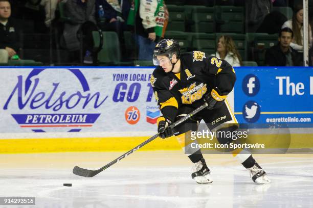 Brandon Wheat Kings forward Connor Gutenberg skates the puck through the neutral zone in the third period in a game between the Everett Silvertips...