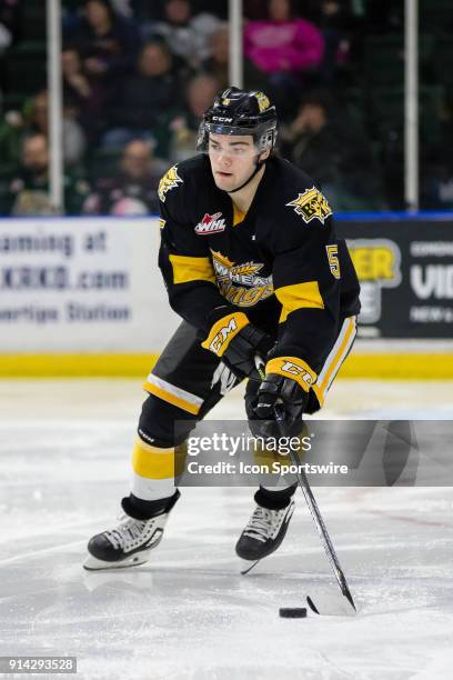 Brandon Wheat Kings defenseman Schael Higson skates with the puck during the third period in a game between the Everett Silvertips and the Brandon...