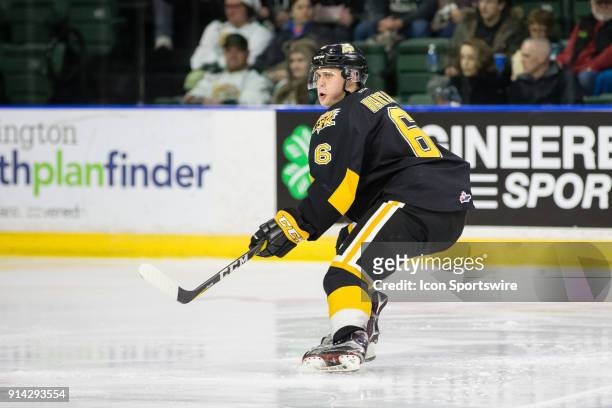Defenseman Chase Hartje of the Brandon Wheat Kings cuts hard on offense during the third period in a game between the Everett Silvertips and the...
