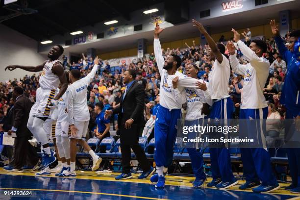 Cal State Bakersfield Roadrunners bench goes crazy after a three point basket during the game between the UMKC Roos and the CSU Bakersfield...