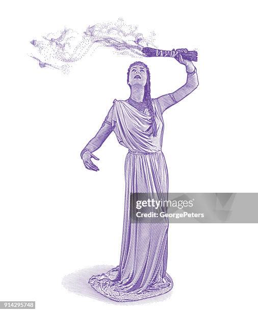 engraving of a spiritual woman performing sage smudging ceremony with smoke morphing into flying doves - burning sage stock illustrations