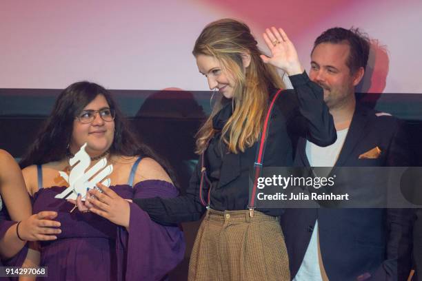 Filmmaker Gabriela Pichler is joined on stage by members of her cast of The Amateur as she accepts the Award for Best Nordic Film at the Dragon Award...