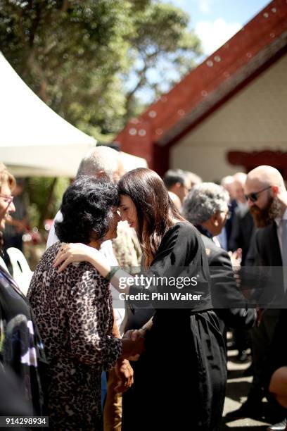 New Zealand Prime Minister Jacinda Ardern shares a hongi during the powhiri at Te Whare Runanga on the Waitangi Treaty Grounds on February 5, 2018 in...