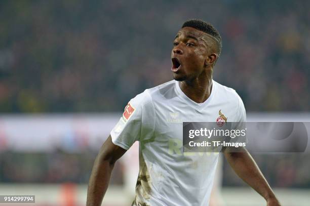 Jhon Cordoba of Koeln shouts during the Bundesliga match between 1. FC Koeln and Borussia Dortmund at RheinEnergieStadion on February 2, 2018 in...