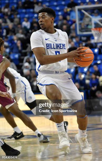 Saint Louis guard Jordan Goodwin with the ball during an Atlantic 10 Conference basketball game between the Fordham Rams and the Saint Louis...