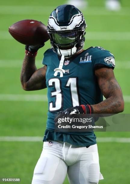 Jalen Mills of the Philadelphia Eagles warms up prior to Super Bowl LII against the New England Patriots at U.S. Bank Stadium on February 4, 2018 in...