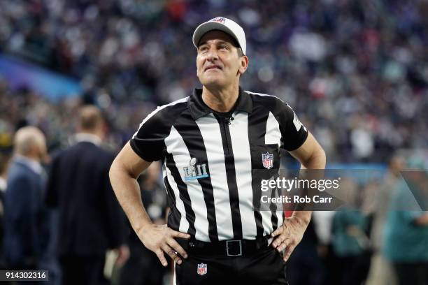 Referee Gene Steratore looks on prior to Super Bowl LII between the New England Patriots and the Philadelphia Eagles at U.S. Bank Stadium on February...