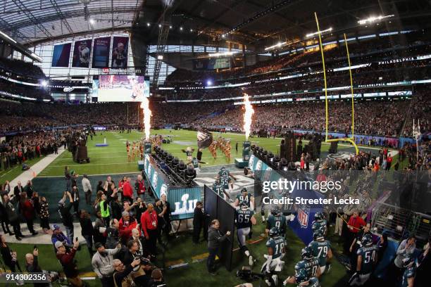 The Philadelphia Eagles take the field prior to Super Bowl LII against the New England Patriots at U.S. Bank Stadium on February 4, 2018 in...