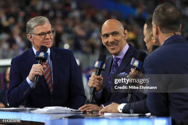 Sports personalities Dan Patrick and Tony Dungy speak prior to Super Bowl LII between the New England Patriots and the Philadelphia Eagles at U.S....