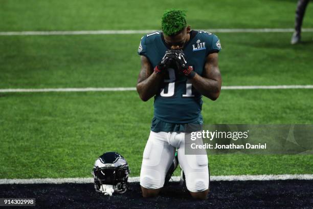 Jalen Mills of the Philadelphia Eagles kneels on the field prior to Super Bowl LII against the New England Patriots at U.S. Bank Stadium on February...