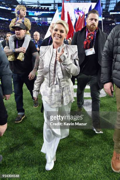 Carey Hart, Willow Har and recording artist Pink attend Super Bowl LII Pregame show at U.S. Bank Stadium on February 4, 2018 in Minneapolis,...