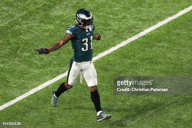 Jalen Mills of the Philadelphia Eagles celebrates a play against the New England Patriots in the first quarter of Super Bowl LII at U.S. Bank Stadium...