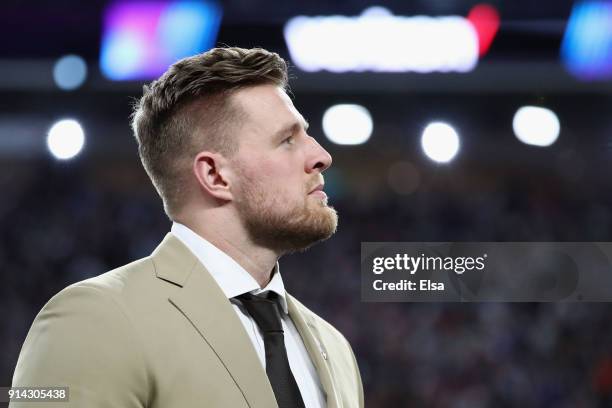 Watt of the Houston Texans looks on prior to Super Bowl LII between the New England Patriots and the Philadelphia Eagles at U.S. Bank Stadium on...