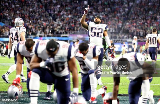 Elandon Roberts of the New England Patriots reacts against the Philadelphia Eagles prior to Super Bowl LII at U.S. Bank Stadium on February 4, 2018...