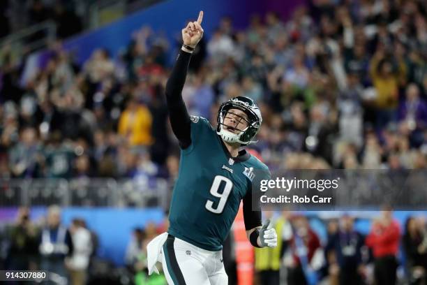 Nick Foles of the Philadelphia Eagles celebrates his 34-yard touchdown pass to Alshon Jeffery during the first quarter against the New England...