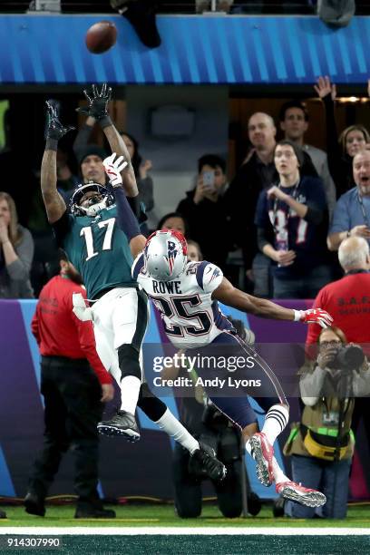 Alshon Jeffery of the Philadelphia Eagles catches a 34 yard pass, over Eric Rowe of the New England Patriots, for a touchdown during the first...