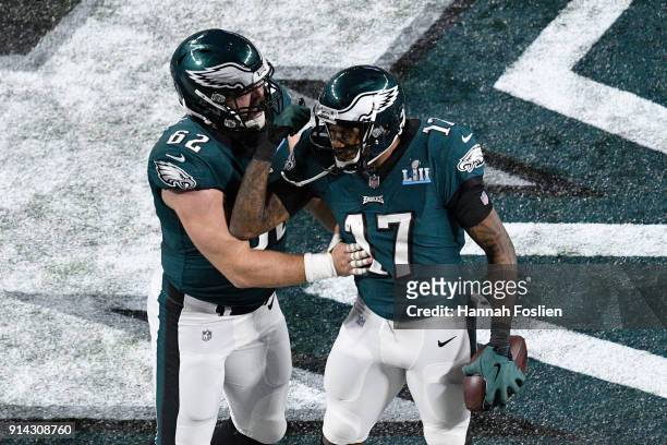 Alshon Jeffery of the Philadelphia Eagles celebrates with Jason Kelce after a 34-yard touchdown catch against the New England Patriots during the...