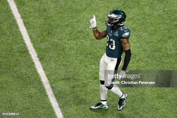 Rodney McLeod of the Philadelphia Eagles celebrates a play against the New England Patriots in Super Bowl LII at U.S. Bank Stadium on February 4,...