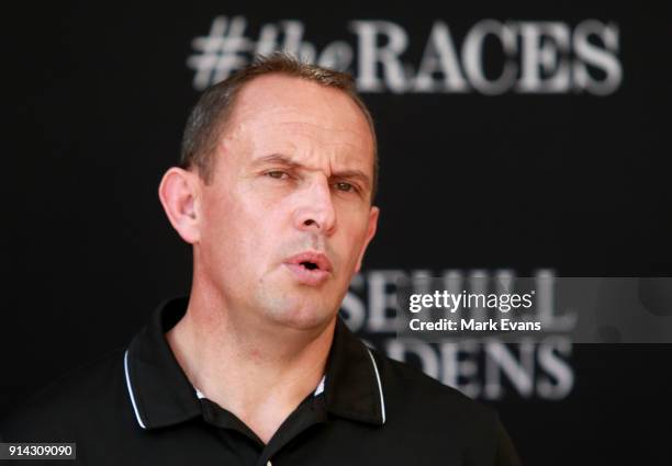 Trainer Chris Waller speaks during a press conference after Winx competed in a barrier trial at Rosehill Gardens on February 5, 2018 in Sydney,...