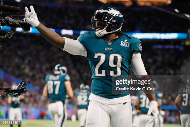 LeGarrette Blount of the Philadelphia Eagles reacts after his 21-yard touchdown reception during the second quarter against the New England Patriots...