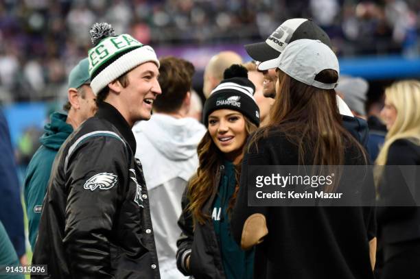 Miles Teller, Keleigh Sperry, Bradley Cooper and Irina Shayk attend the Super Bowl LII Pregame show at U.S. Bank Stadium on February 4, 2018 in...