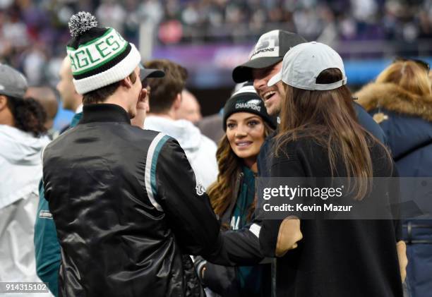 Miles Teller, Keleigh Sperry, Bradley Cooper and Irina Shayk attend the Super Bowl LII Pregame show at U.S. Bank Stadium on February 4, 2018 in...