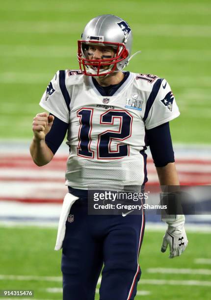 Tom Brady of the New England Patriots celebrates during the second quarter against the Philadelphia Eagles in Super Bowl LII at U.S. Bank Stadium on...