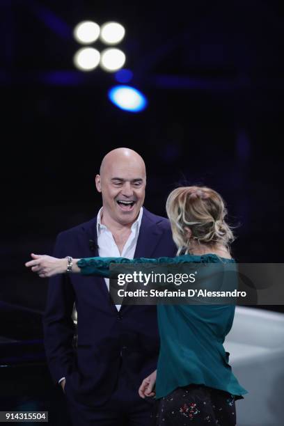 Luca Zingaretti and Luciana Littizzetto attend 'Che Tempo Che Fa' tv show on February 4, 2018 in Milan, Italy.