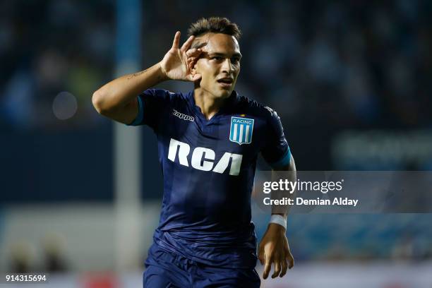 Lautaro Martinez of Racing Club celebrates after scoring the first goal of his team during a match between Racing Club and Huracan as part of...