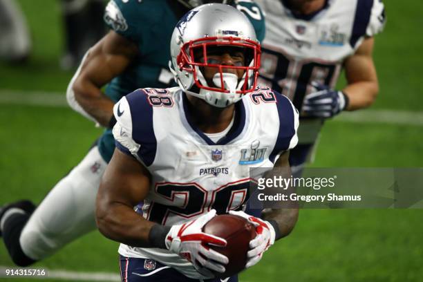 James White of the New England Patriots celebrates his 26 yard touchdown run against the Philadelphia Eagles during the second quarter in Super Bowl...