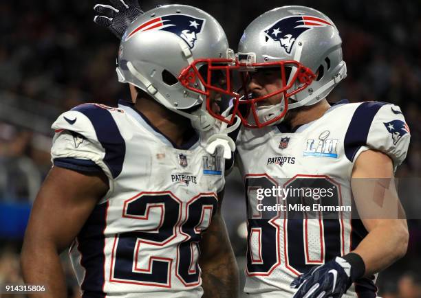 James White celebrates his 26 yard touchdown run with Danny Amendola of the New England Patriots against the Philadelphia Eagles during the second...