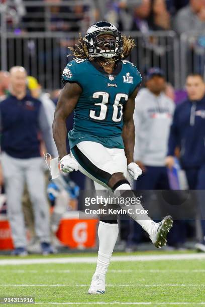 Jay Ajayi of the Philadelphia Eagles celebrates the play during the second quarter against the New England Patriots in Super Bowl LII at U.S. Bank...