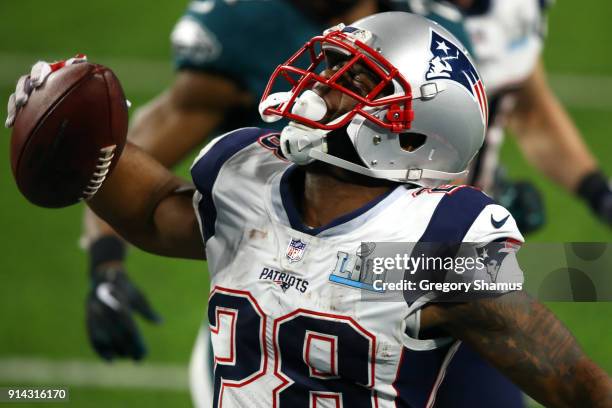 James White of the New England Patriots celebrates his 26 yard touchdown run against the Philadelphia Eagles during the second quarter in Super Bowl...