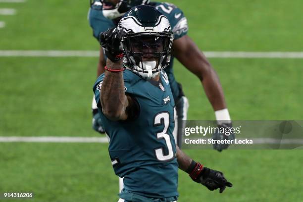 Jalen Mills of the Philadelphia Eagles celebrates the play against the New England Patriots during the second quarter in Super Bowl LII at U.S. Bank...