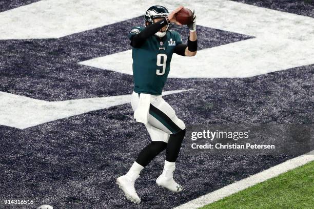 Nick Foles of the Philadelphia Eagles makes a 1-yard touchdown reception during the second quarter against the New England Patriots in Super Bowl LII...